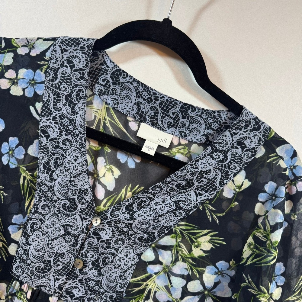 J. Jill Women Black Blue Floral Lace Trim Sheer Button Up Blouse Top Size M